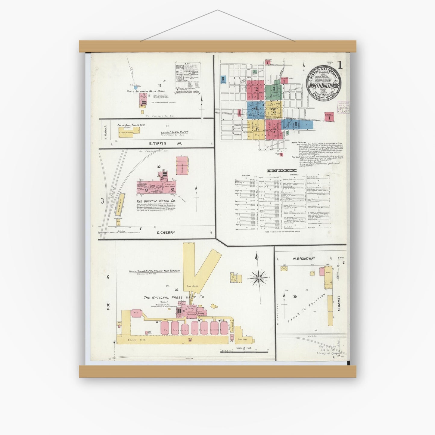 Old map wall art mockup — magnetic wood frame on white wall — Sanborn Fire Insurance Map from North Baltimore, Wood County, Ohio (1908), Sheet #0001