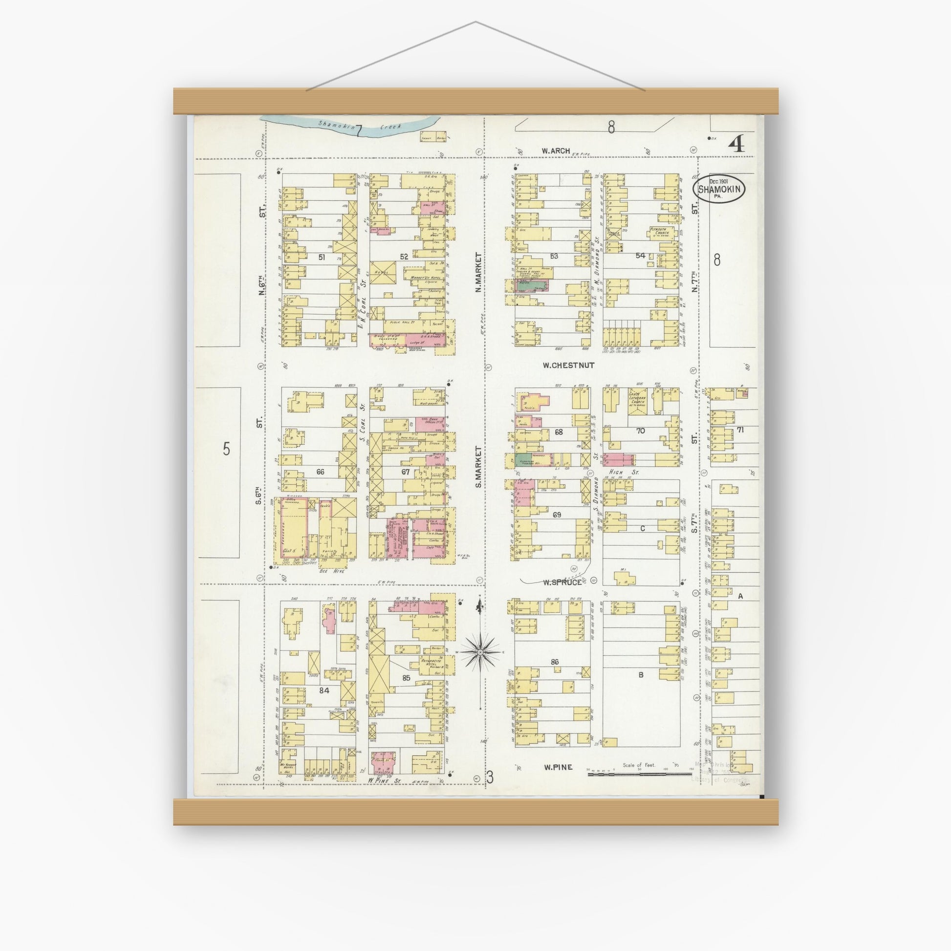 Old map wall art mockup — magnetic wood frame on white wall — Sanborn Fire Insurance Map from Shamokin, Northumberland County, Pennsylvania (1901), Sheet #0004