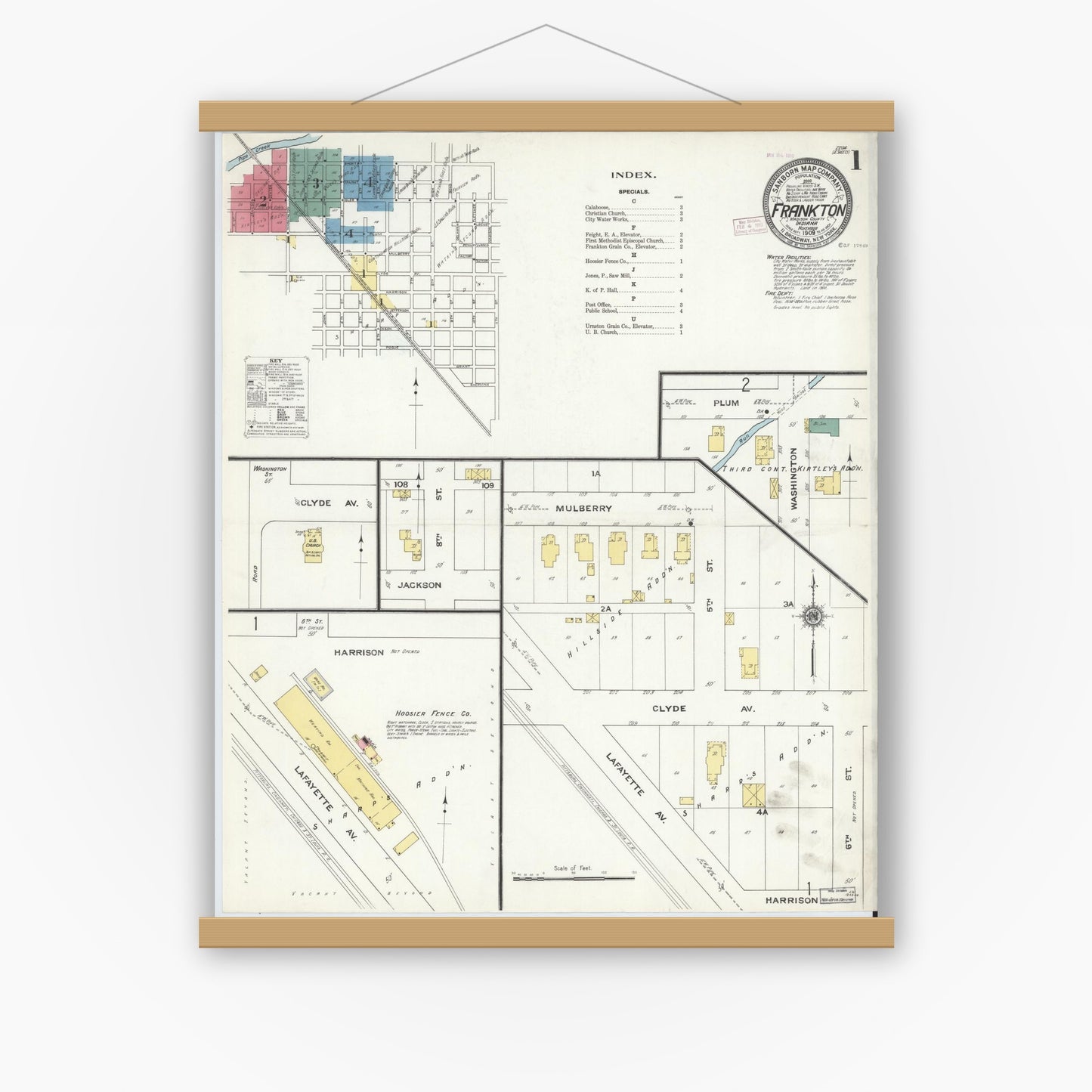 Old map wall art mockup — magnetic wood frame on white wall — Sanborn Fire Insurance Map from Frankton, Madison County, Indiana (1909) - Complete Map Set