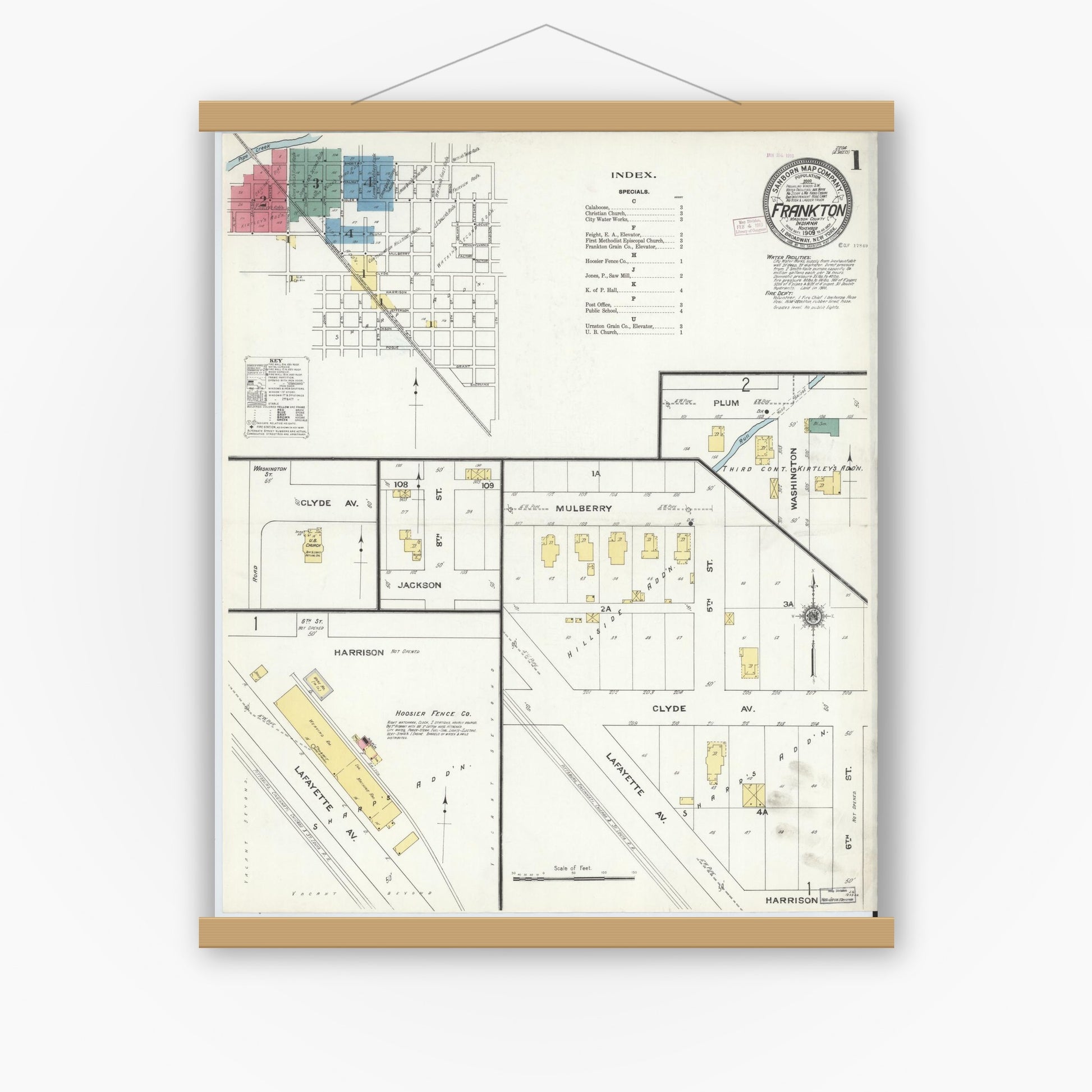 Old map wall art mockup — magnetic wood frame on white wall — Sanborn Fire Insurance Map from Frankton, Madison County, Indiana (1909) - Complete Map Set