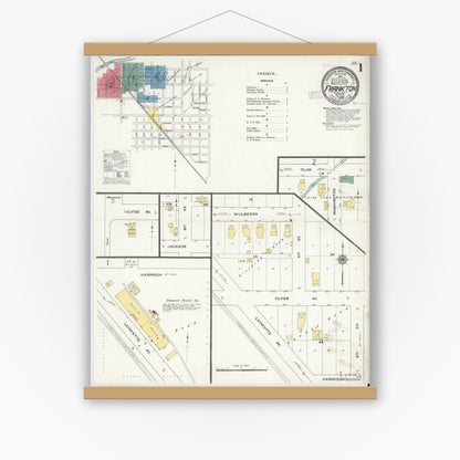 Old map wall art mockup — magnetic wood frame on white wall — Sanborn Fire Insurance Map from Frankton, Madison County, Indiana (1909) - Complete Map Set