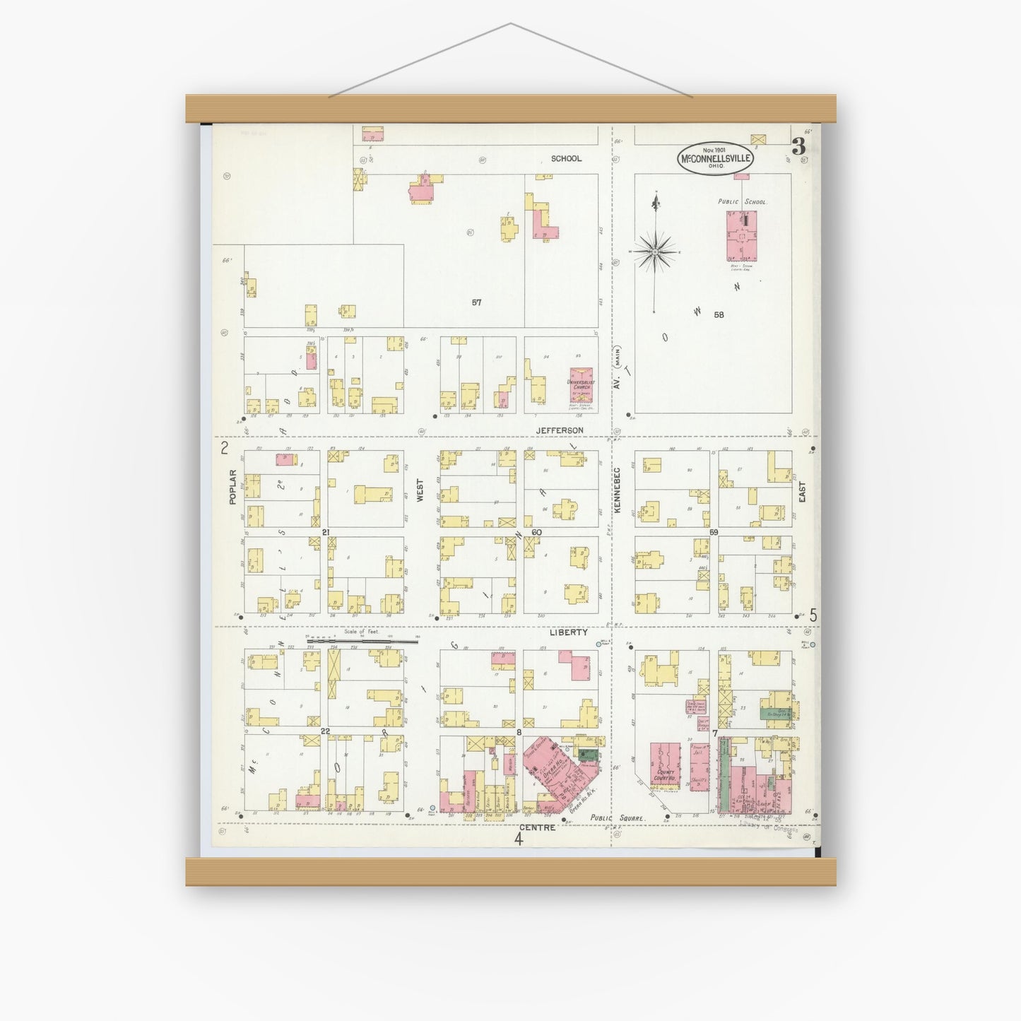Old map wall art mockup — magnetic wood frame on white wall — Sanborn Fire Insurance Map from McConnelsville, Morgan County, Ohio (1901), Sheet #0003