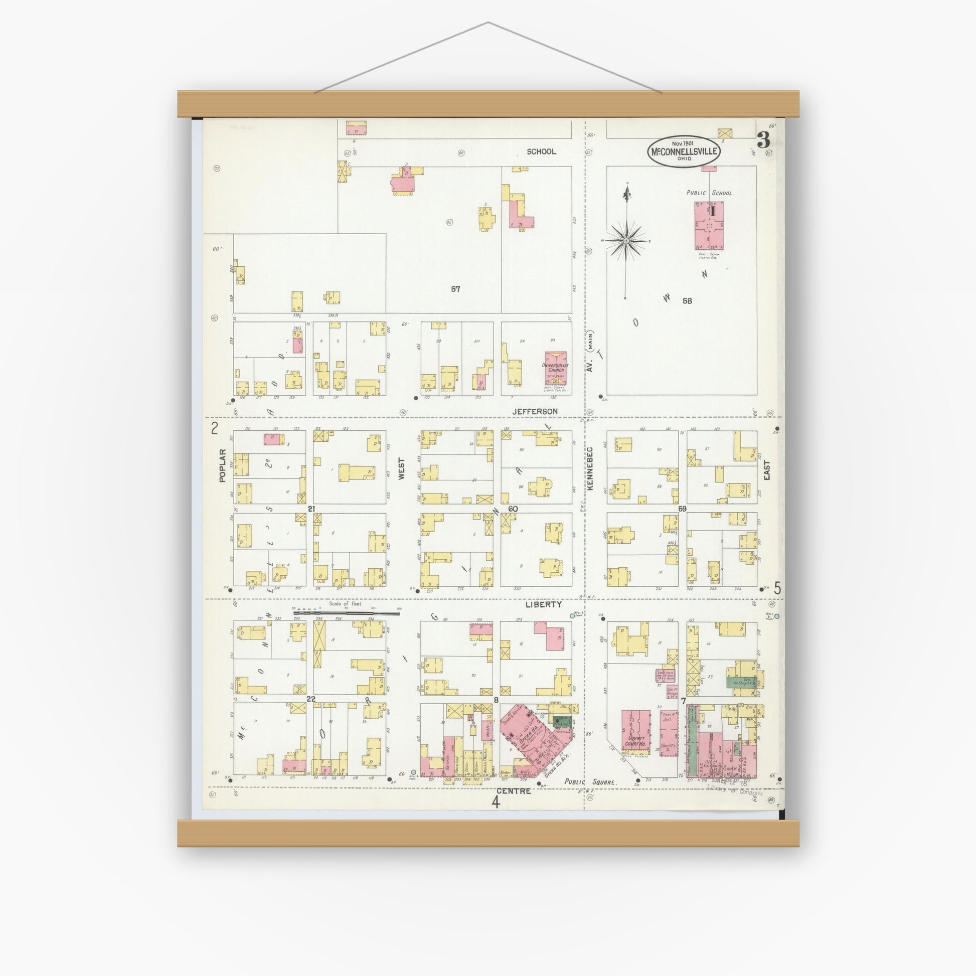 Old map wall art mockup — magnetic wood frame on white wall — Sanborn Fire Insurance Map from McConnelsville, Morgan County, Ohio (1901), Sheet #0003