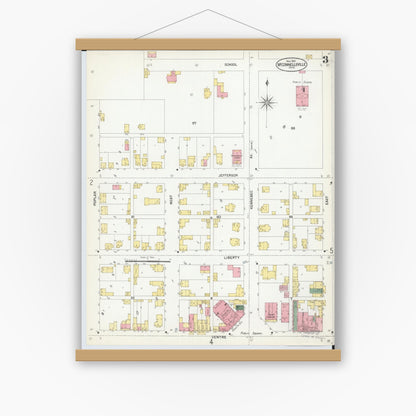 Old map wall art mockup — magnetic wood frame on white wall — Sanborn Fire Insurance Map from McConnelsville, Morgan County, Ohio (1901), Sheet #0003