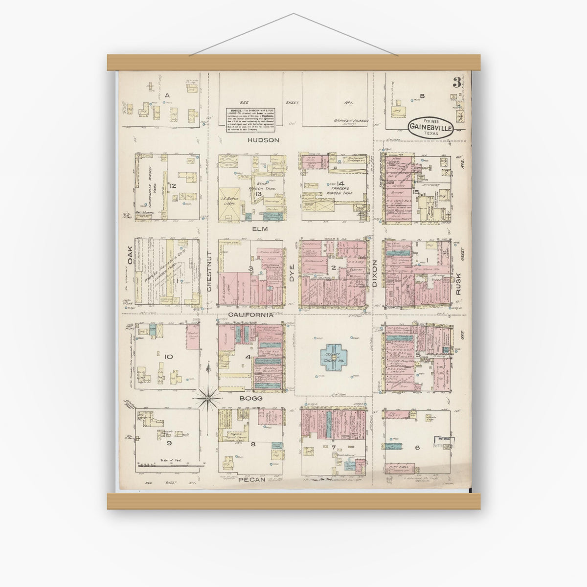 Old map wall art mockup — magnetic wood frame on white wall — Sanborn Fire Insurance Map from Gainesville, Cooke County, Texas (1885), Sheet #0003