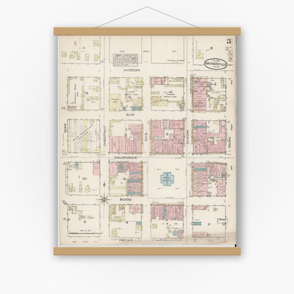 Old map wall art mockup — magnetic wood frame on white wall — Sanborn Fire Insurance Map from Gainesville, Cooke County, Texas (1885), Sheet #0003