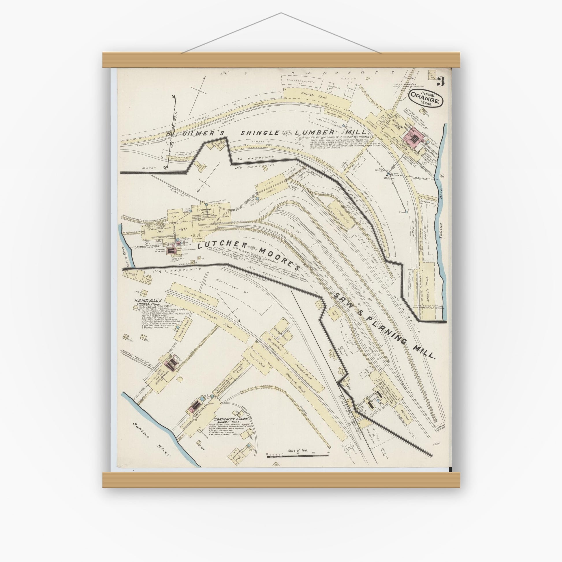 Old map wall art mockup — magnetic wood frame on white wall — Sanborn Fire Insurance Map from Orange, Orange County, Texas (1885), Sheet #0003