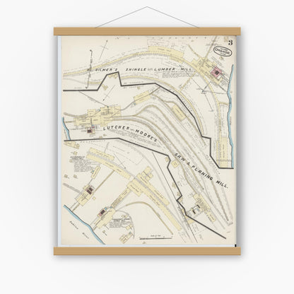 Old map wall art mockup — magnetic wood frame on white wall — Sanborn Fire Insurance Map from Orange, Orange County, Texas (1885), Sheet #0003