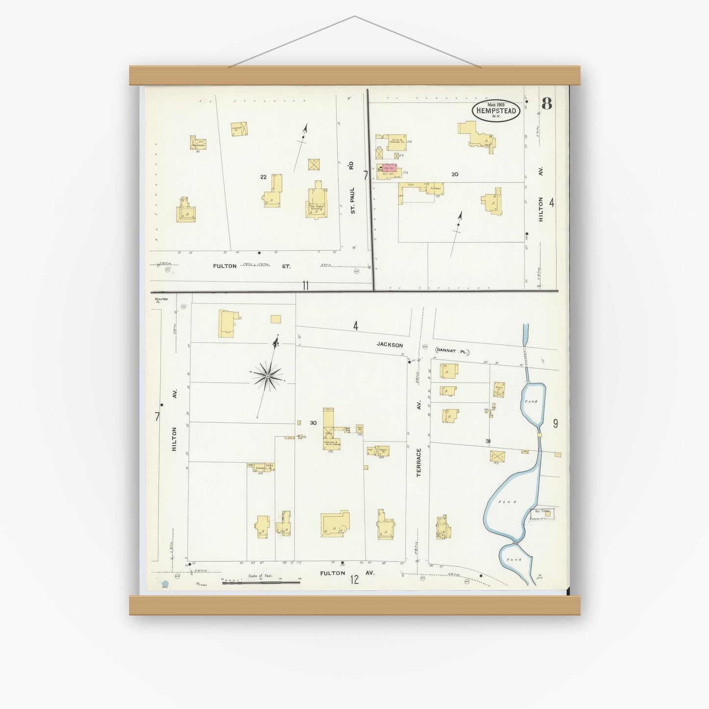 Old map wall art mockup — magnetic wood frame on white wall — Sanborn Fire Insurance Map from Hempstead, Nassau County, New York (1909), Sheet #0008
