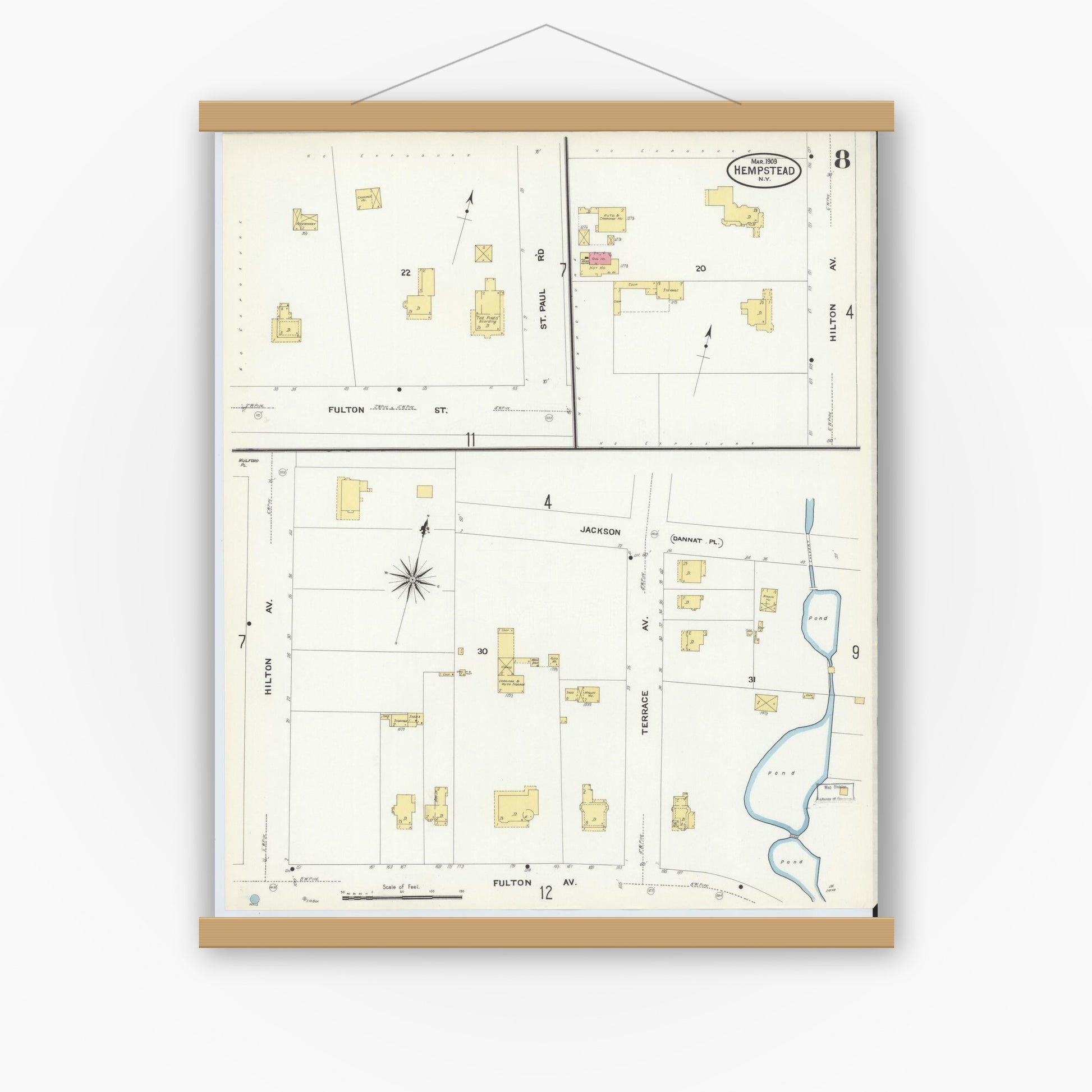 Old map wall art mockup — magnetic wood frame on white wall — Sanborn Fire Insurance Map from Hempstead, Nassau County, New York (1909), Sheet #0008