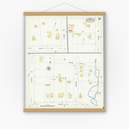 Old map wall art mockup — magnetic wood frame on white wall — Sanborn Fire Insurance Map from Hempstead, Nassau County, New York (1909), Sheet #0008