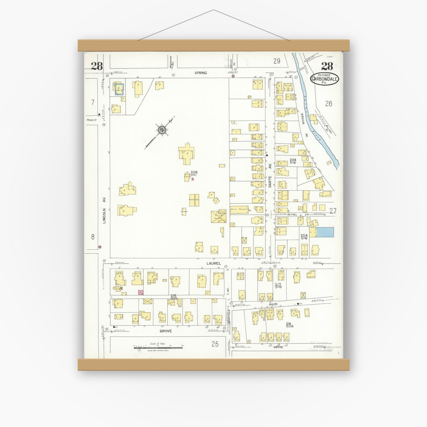 Old map wall art mockup — magnetic wood frame on white wall — Sanborn Fire Insurance Map from Carbondale, Lackawanna County, Pennsylvania (1923), Sheet #0028