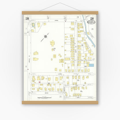 Old map wall art mockup — magnetic wood frame on white wall — Sanborn Fire Insurance Map from Carbondale, Lackawanna County, Pennsylvania (1923), Sheet #0028