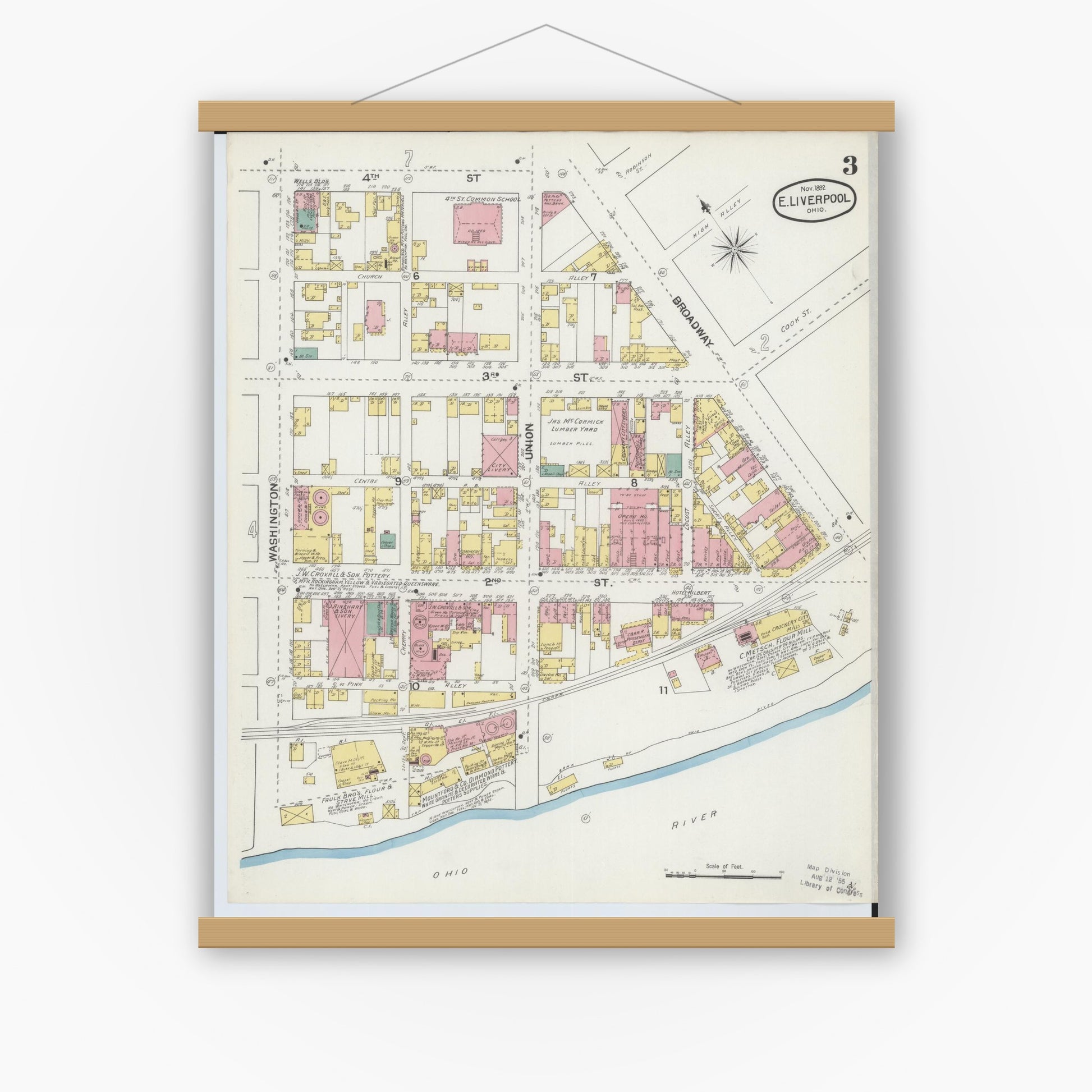 Old map wall art mockup — magnetic wood frame on white wall — Sanborn Fire Insurance Map from East Liverpool, Columbiana County, Ohio (1892), Sheet #0003