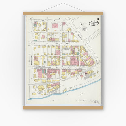 Old map wall art mockup — magnetic wood frame on white wall — Sanborn Fire Insurance Map from East Liverpool, Columbiana County, Ohio (1892), Sheet #0003