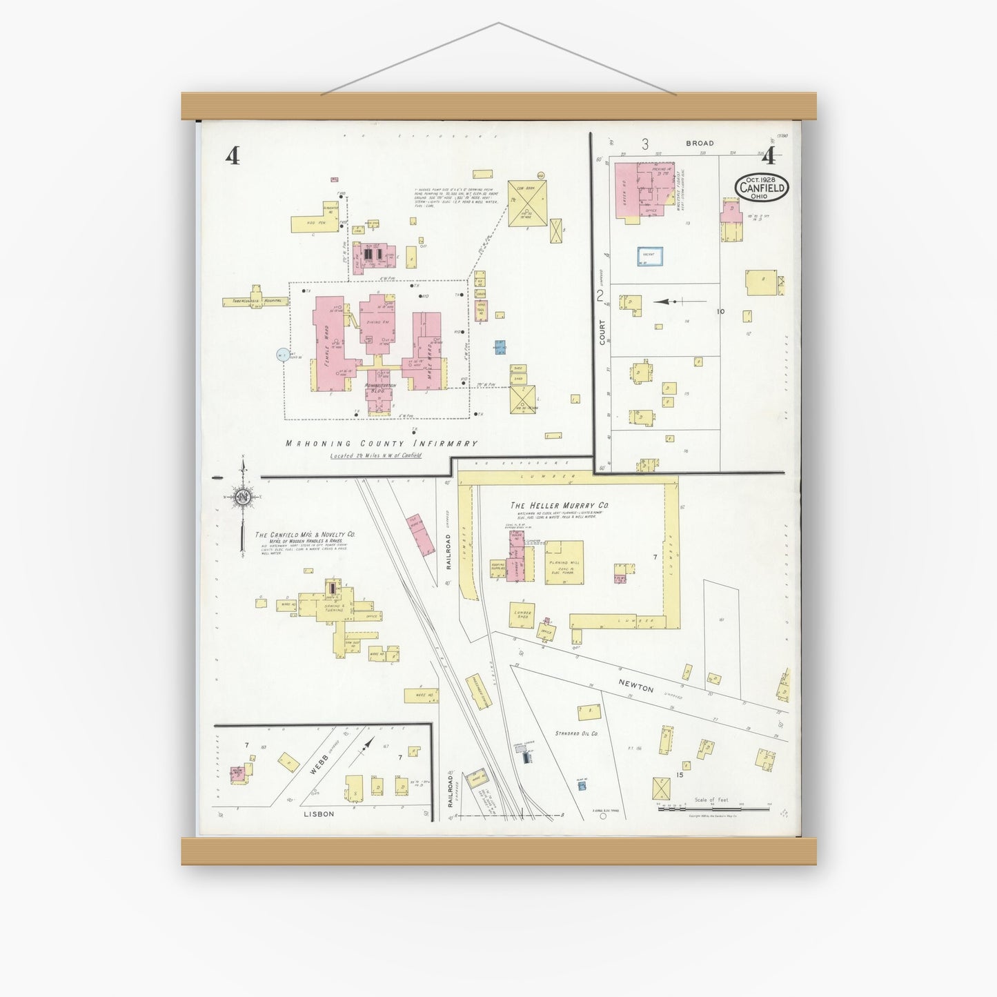 Old map wall art mockup — magnetic wood frame on white wall — Sanborn Fire Insurance Map from Canfield, Mahoning County, Ohio (1928), Sheet #0004