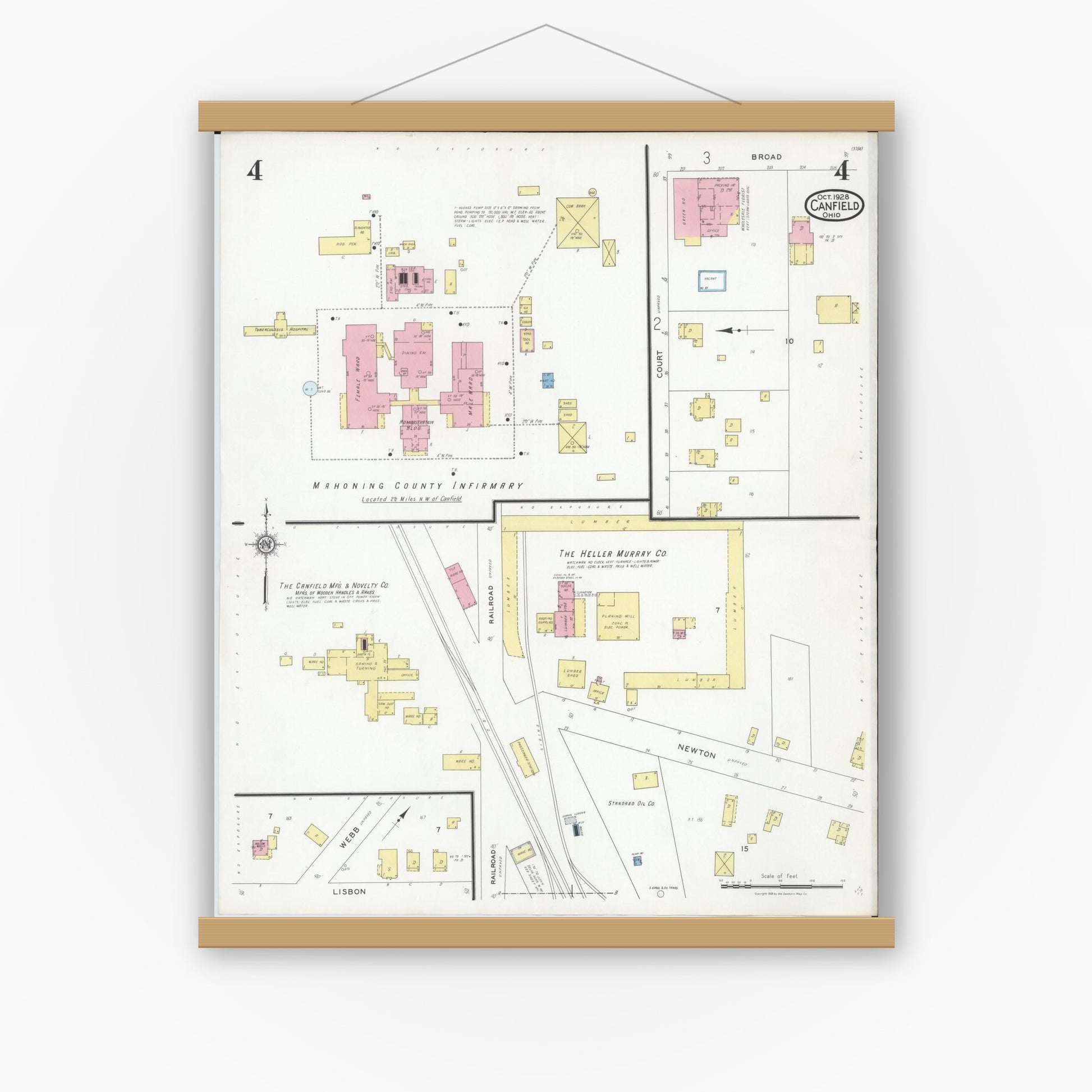 Old map wall art mockup — magnetic wood frame on white wall — Sanborn Fire Insurance Map from Canfield, Mahoning County, Ohio (1928), Sheet #0004