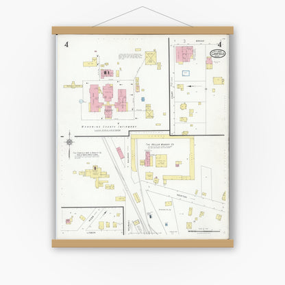 Old map wall art mockup — magnetic wood frame on white wall — Sanborn Fire Insurance Map from Canfield, Mahoning County, Ohio (1928), Sheet #0004