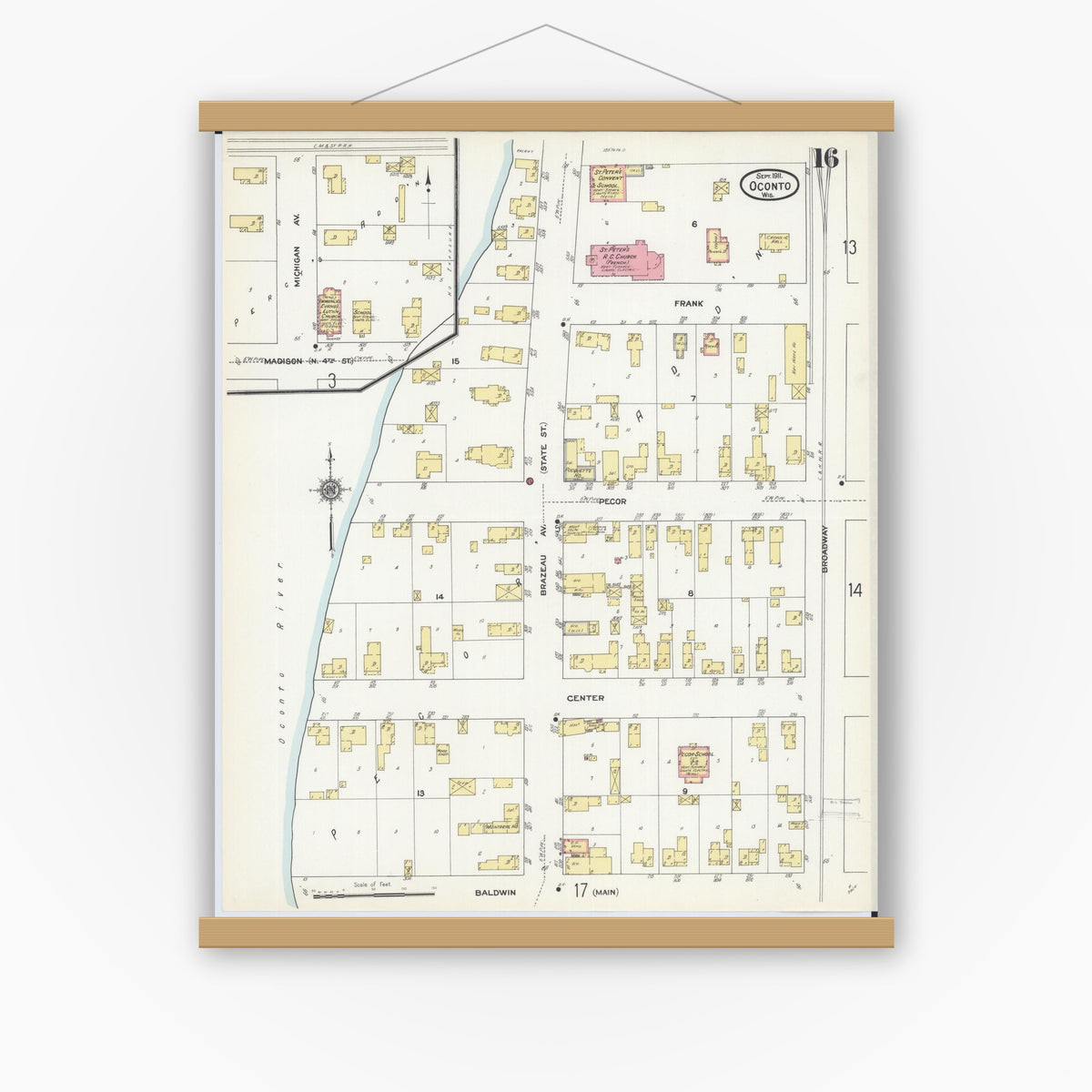 Old map wall art mockup — magnetic wood frame on white wall — Sanborn Fire Insurance Map from Oconto, Oconto County, Wisconsin (1911), Sheet #0016