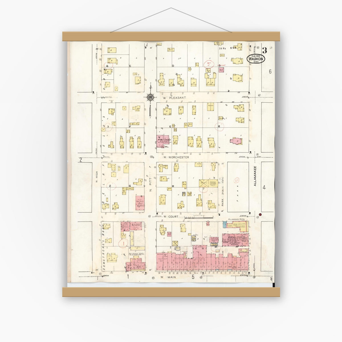 Old map wall art mockup — magnetic wood frame on white wall — Sanborn Fire Insurance Map from Waukon, Allamakee County, Iowa (1934), Sheet #0003