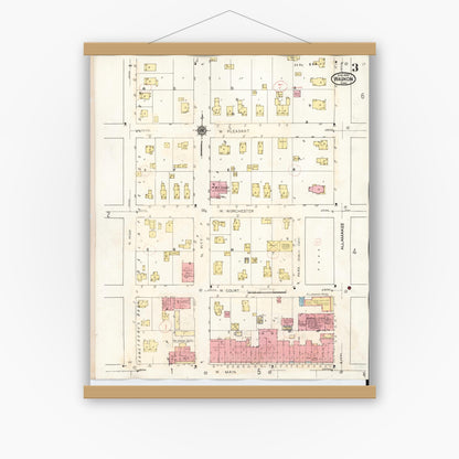 Old map wall art mockup — magnetic wood frame on white wall — Sanborn Fire Insurance Map from Waukon, Allamakee County, Iowa (1934), Sheet #0003