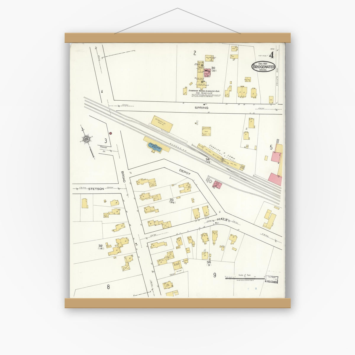 Old map wall art mockup — magnetic wood frame on white wall — Sanborn Fire Insurance Map from Bridgewater, Plymouth County, Massachusetts (1921), Sheet #0004