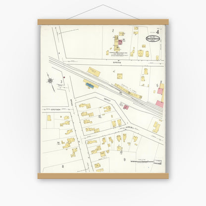 Old map wall art mockup — magnetic wood frame on white wall — Sanborn Fire Insurance Map from Bridgewater, Plymouth County, Massachusetts (1921), Sheet #0004