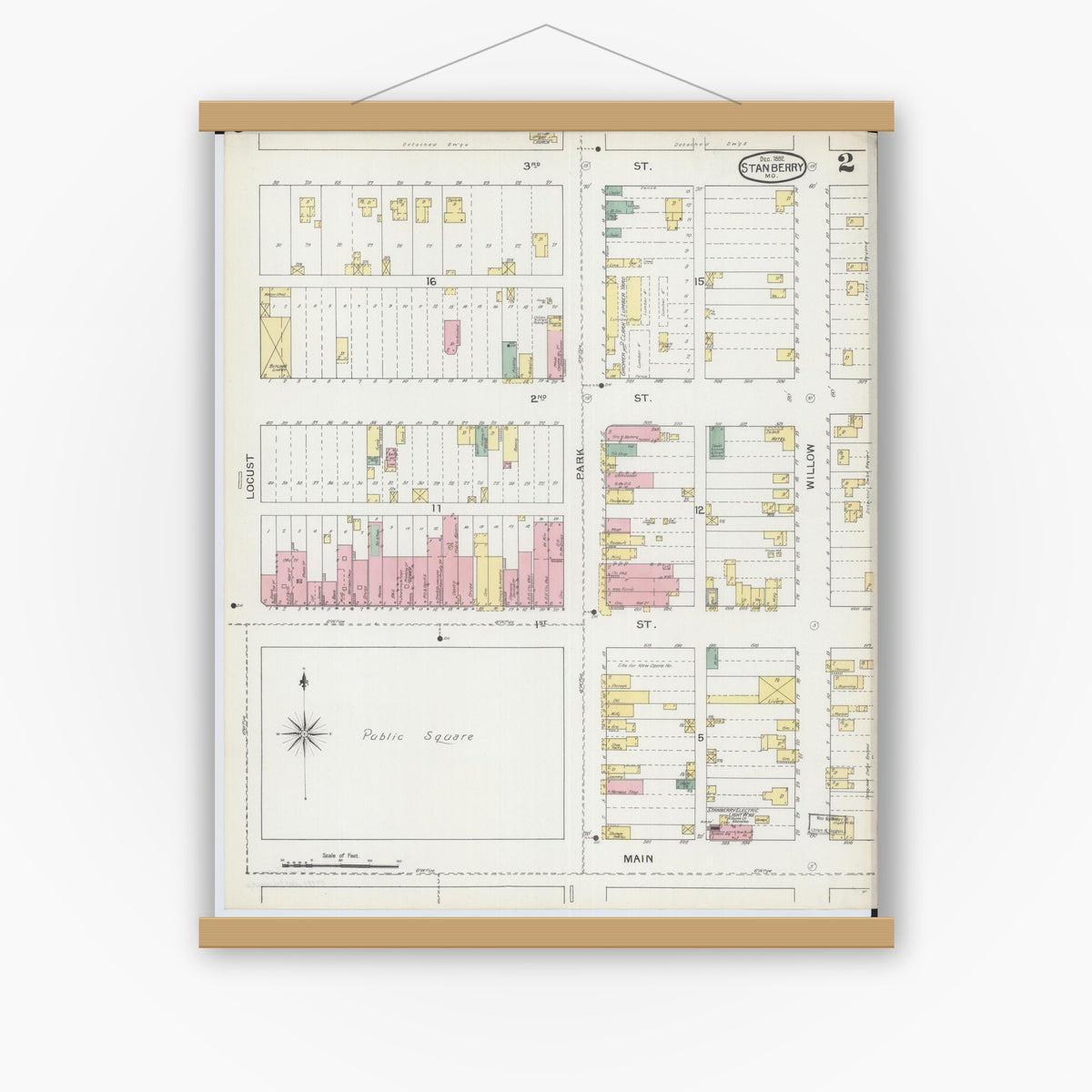 Old map wall art mockup — magnetic wood frame on white wall — Sanborn Fire Insurance Map from Stanberry, Gentry County, Missouri (1892), Sheet #0002