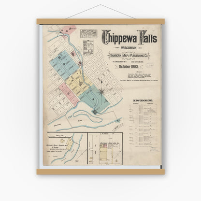 Old map wall art mockup — magnetic wood frame on white wall — Sanborn Fire Insurance Map from Chippewa Falls, Chippewa County, Wisconsin (1883) - Complete Map Set