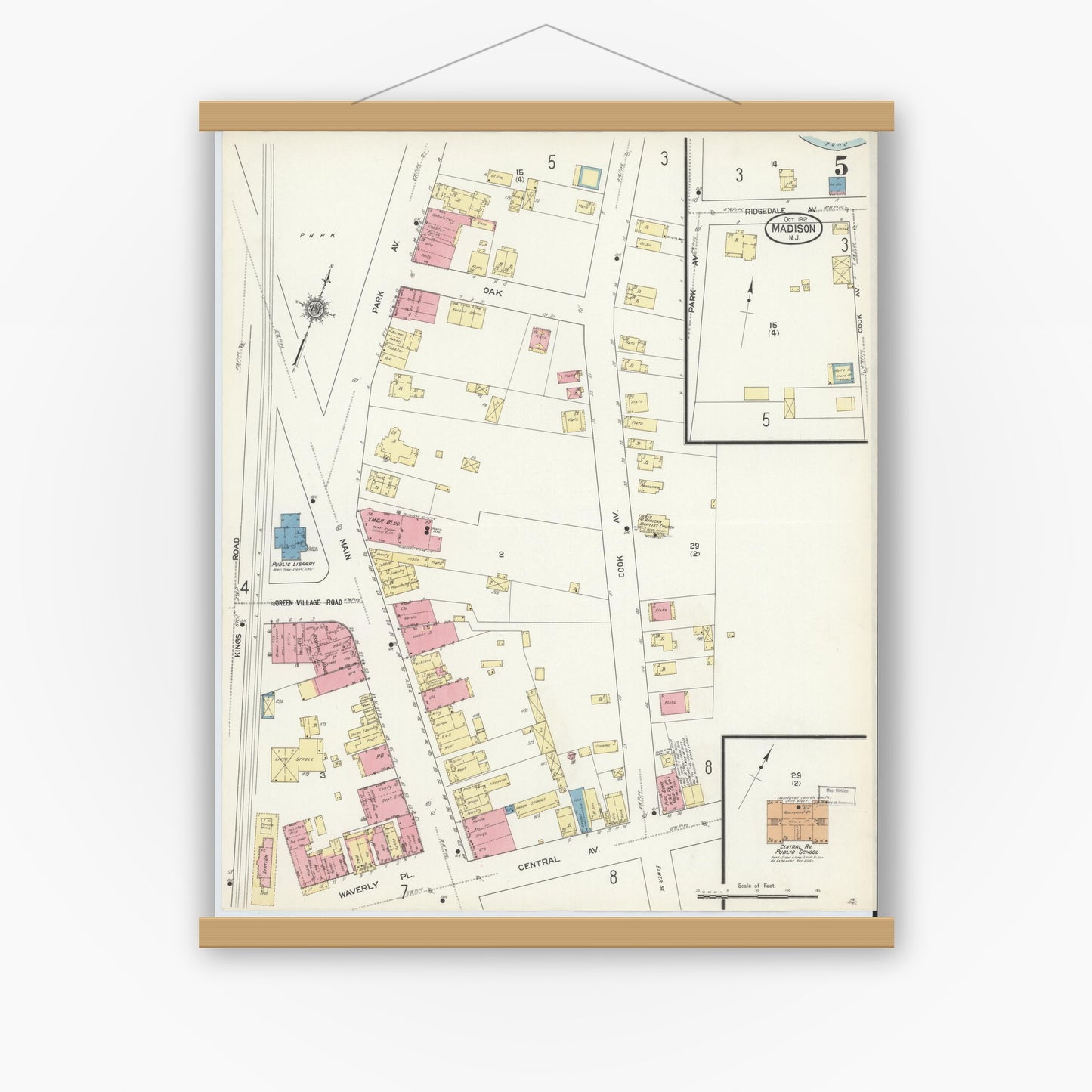 Old map wall art mockup — magnetic wood frame on white wall — Sanborn Fire Insurance Map from Madison, Morris County, New Jersey (1912), Sheet #0005