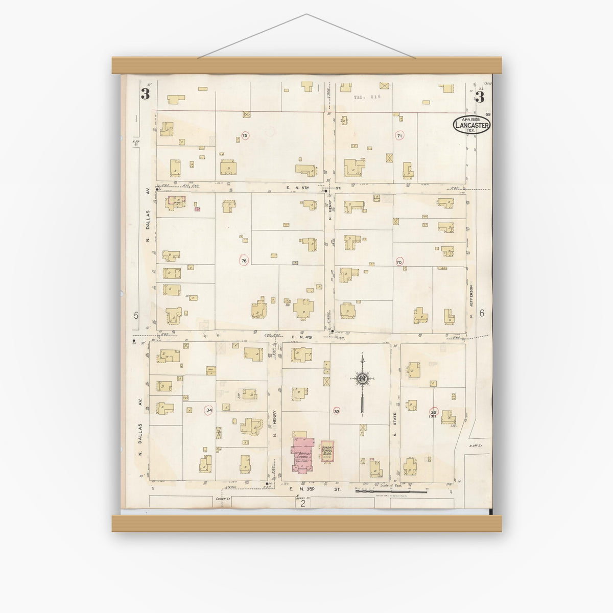 Old map wall art mockup — magnetic wood frame on white wall — Sanborn Fire Insurance Map from Lancaster, Dallas County, Texas (1939), Sheet #0003