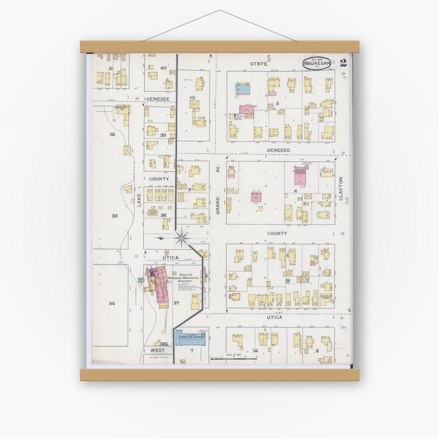 Old map wall art mockup — magnetic wood frame on white wall — Sanborn Fire Insurance Map from Waukegan, Lake County, Illinois (1894), Sheet #0002