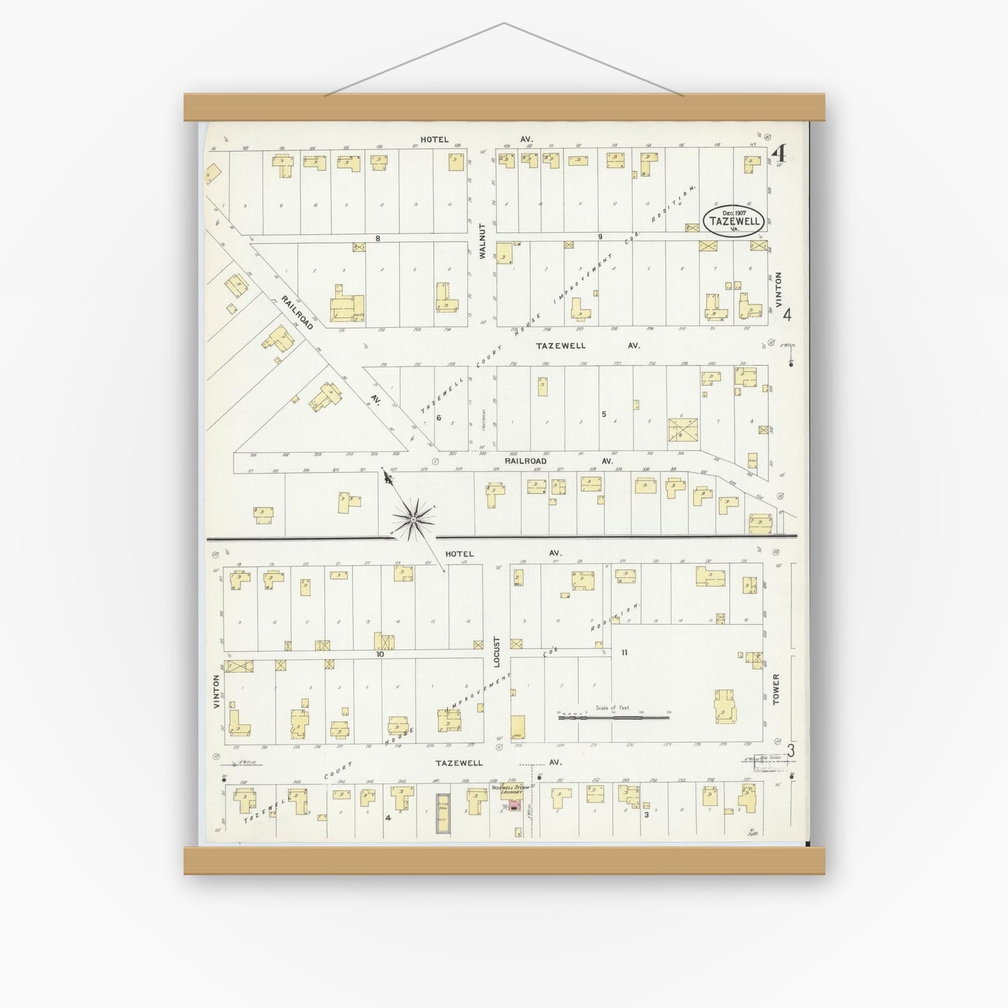 Old map wall art mockup — magnetic wood frame on white wall — Sanborn Fire Insurance Map from Tazewell, Tazewell County, Virginia (1907), Sheet #0004