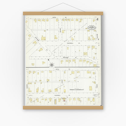 Old map wall art mockup — magnetic wood frame on white wall — Sanborn Fire Insurance Map from Tazewell, Tazewell County, Virginia (1907), Sheet #0004