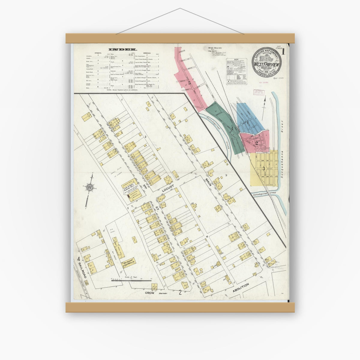 Old map wall art mockup — magnetic wood frame on white wall — Sanborn Fire Insurance Map from West Fairview, Cumberland County, Pennsylvania (1910) - Complete Map Set