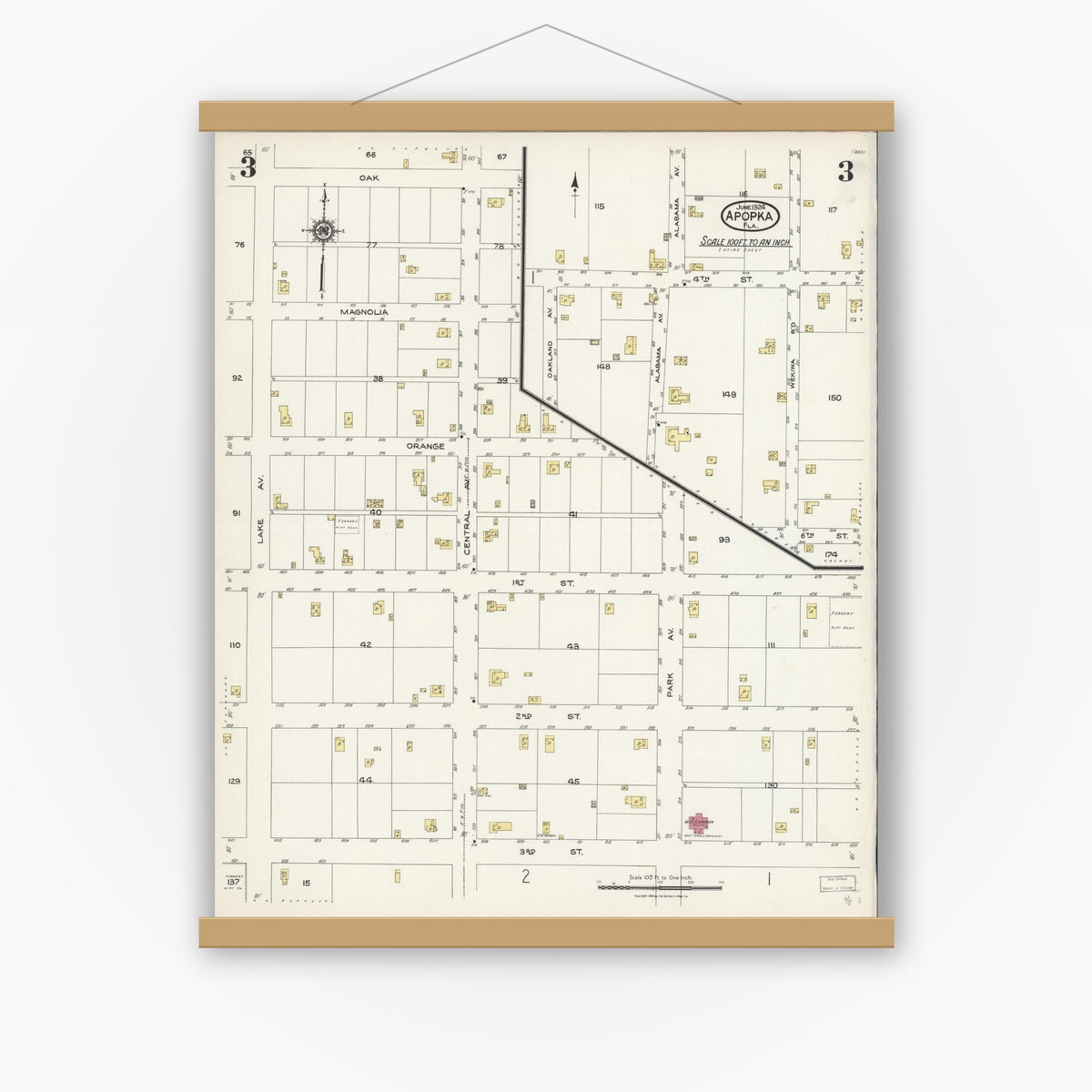 Old map wall art mockup — magnetic wood frame on white wall — Sanborn Fire Insurance Map from Apopka, Orange County, Florida (1924), Sheet #0003