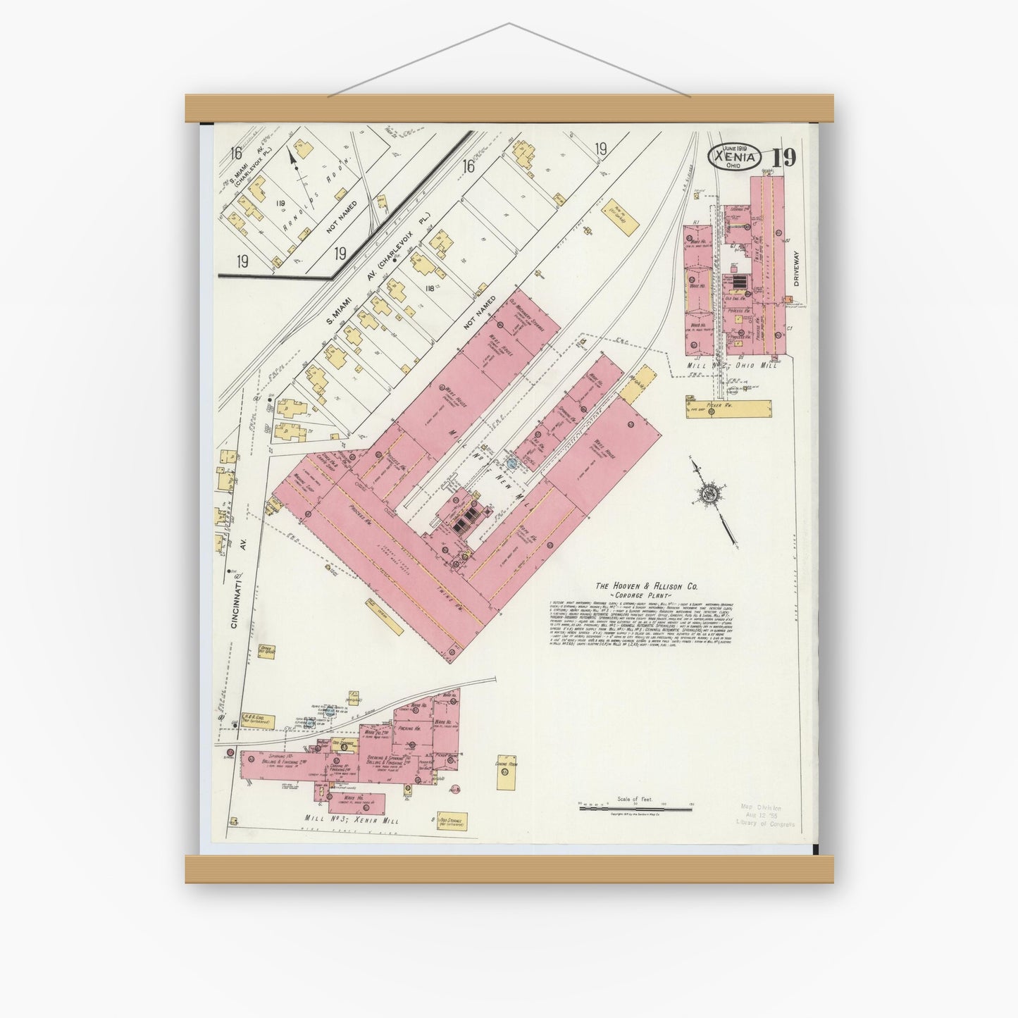 Old map wall art mockup — magnetic wood frame on white wall — Sanborn Fire Insurance Map from Xenia, Greene County, Ohio (1919), Sheet #0019