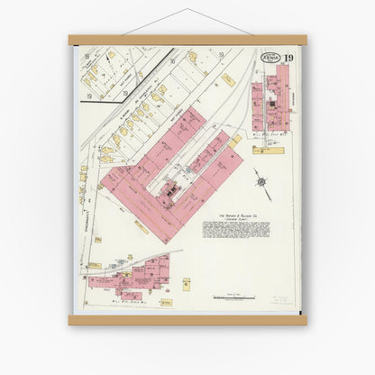 Old map wall art mockup — magnetic wood frame on white wall — Sanborn Fire Insurance Map from Xenia, Greene County, Ohio (1919), Sheet #0019