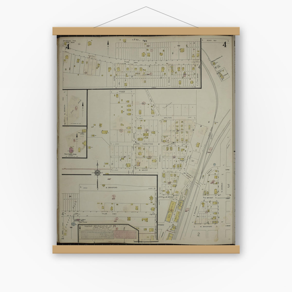 Old map wall art mockup — magnetic wood frame on white wall — Sanborn Fire Insurance Map from Troup, Smith County, Texas (1943), Sheet #0004