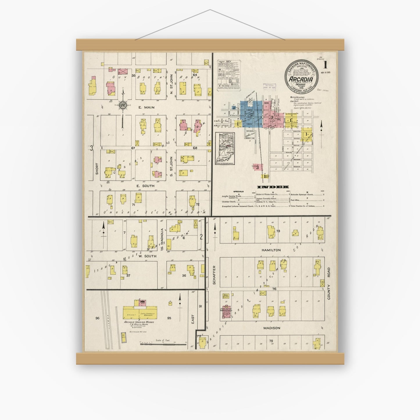 Old map wall art mockup — magnetic wood frame on white wall — Sanborn Fire Insurance Map from Arcadia, Hamilton County, Indiana (1915), Sheet #0001