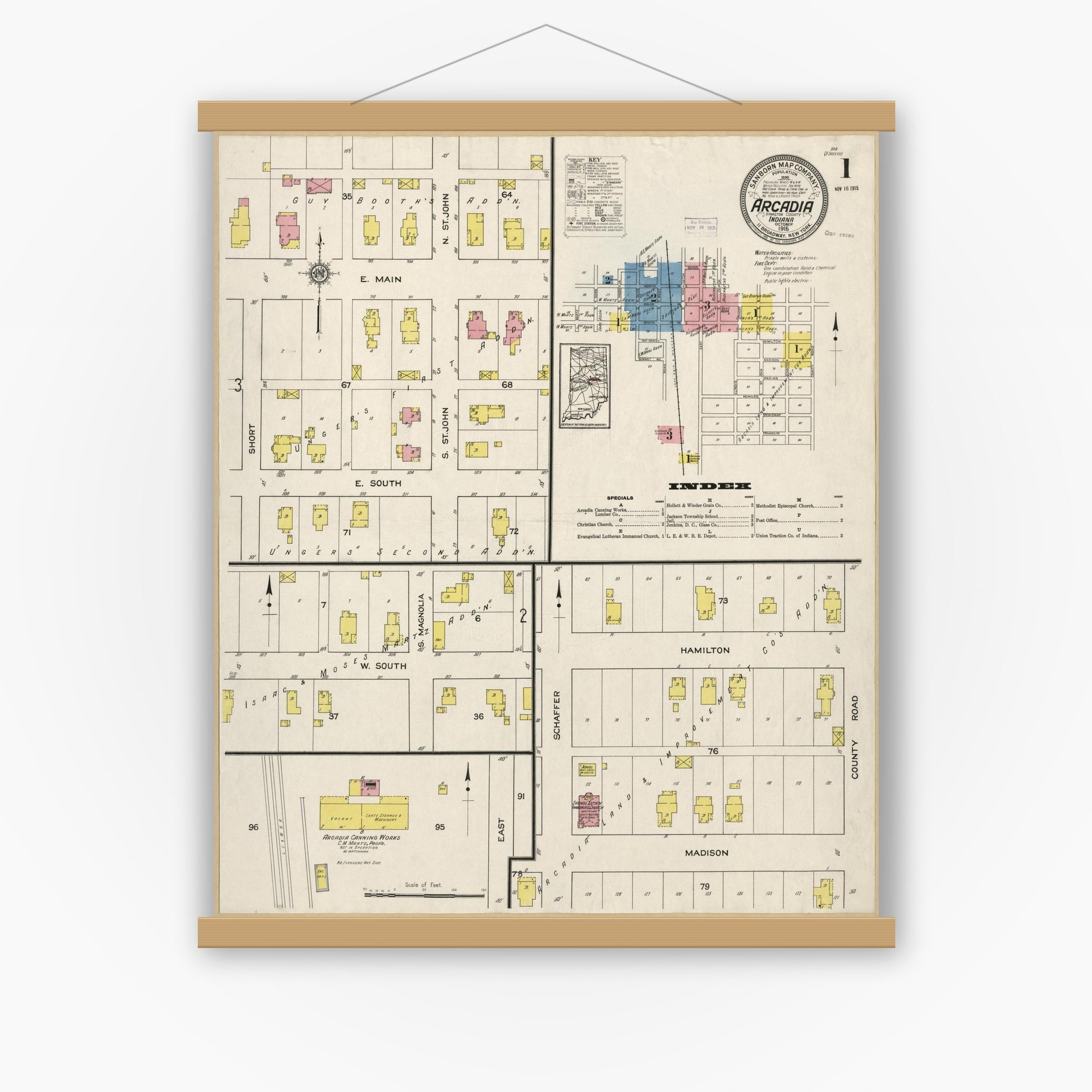 Old map wall art mockup — magnetic wood frame on white wall — Sanborn Fire Insurance Map from Arcadia, Hamilton County, Indiana (1915), Sheet #0001