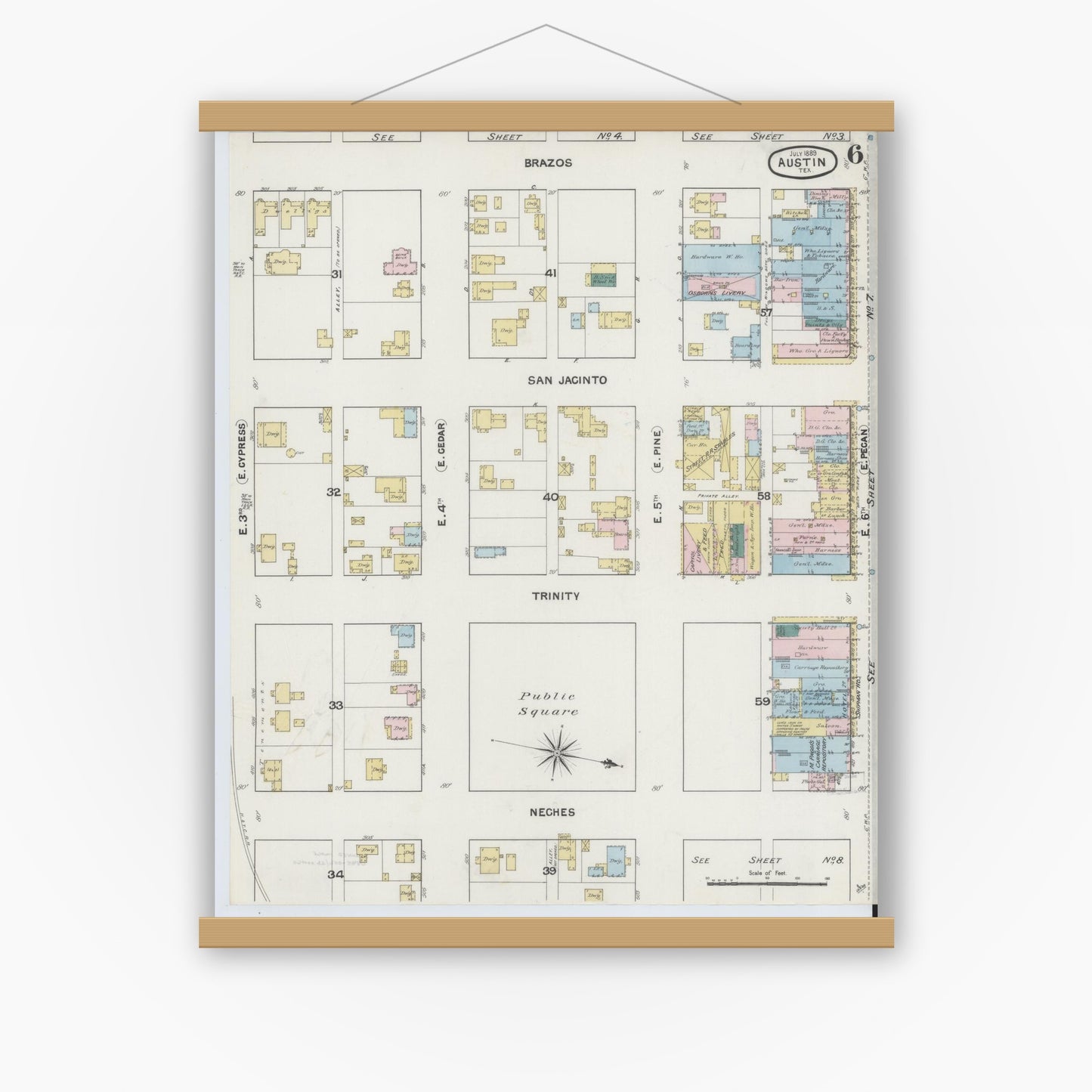 Old map wall art mockup — magnetic wood frame on white wall — Sanborn Fire Insurance Map from Austin, Travis County, Texas (1889), Sheet #0006