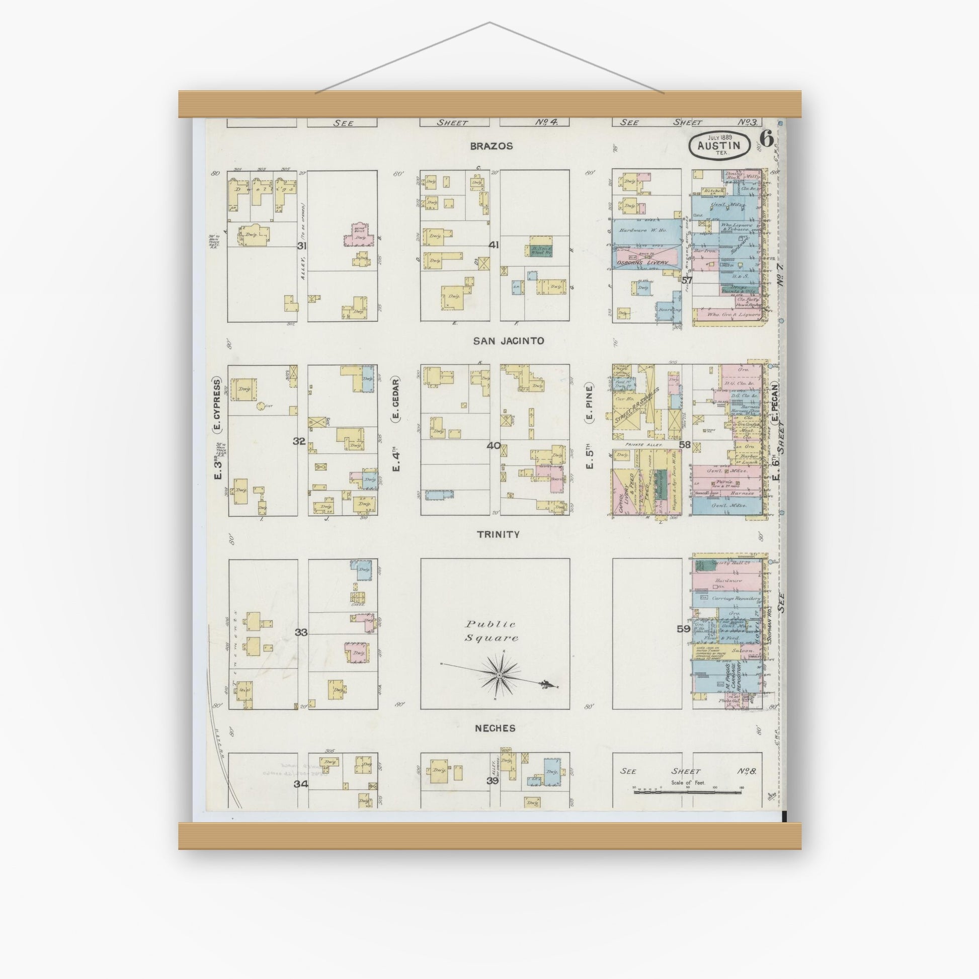 Old map wall art mockup — magnetic wood frame on white wall — Sanborn Fire Insurance Map from Austin, Travis County, Texas (1889), Sheet #0006