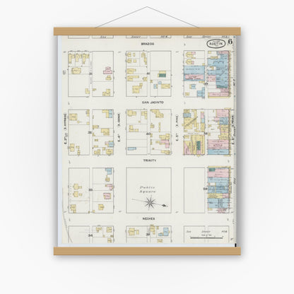 Old map wall art mockup — magnetic wood frame on white wall — Sanborn Fire Insurance Map from Austin, Travis County, Texas (1889), Sheet #0006