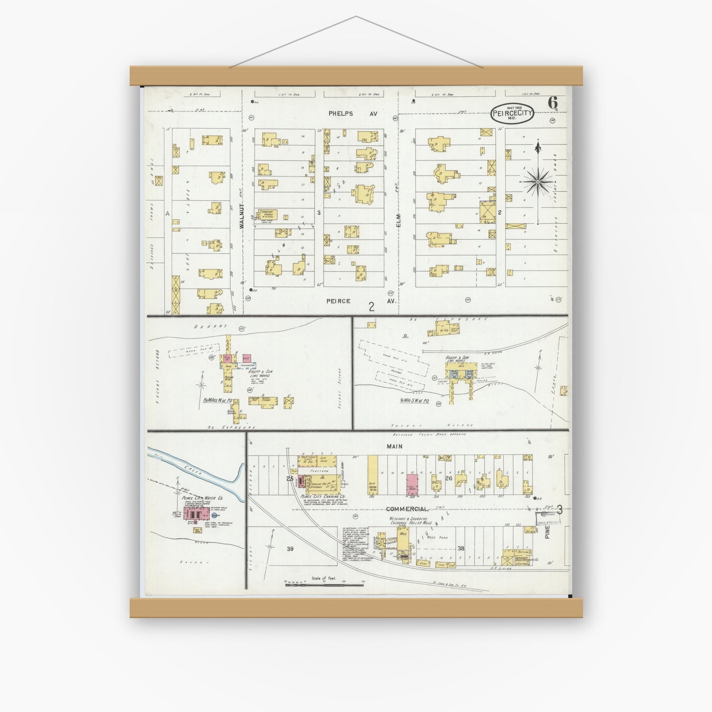 Old map wall art mockup — magnetic wood frame on white wall — Sanborn Fire Insurance Map from Pierce City, Lawrence County, Missouri (1902), Sheet #0006