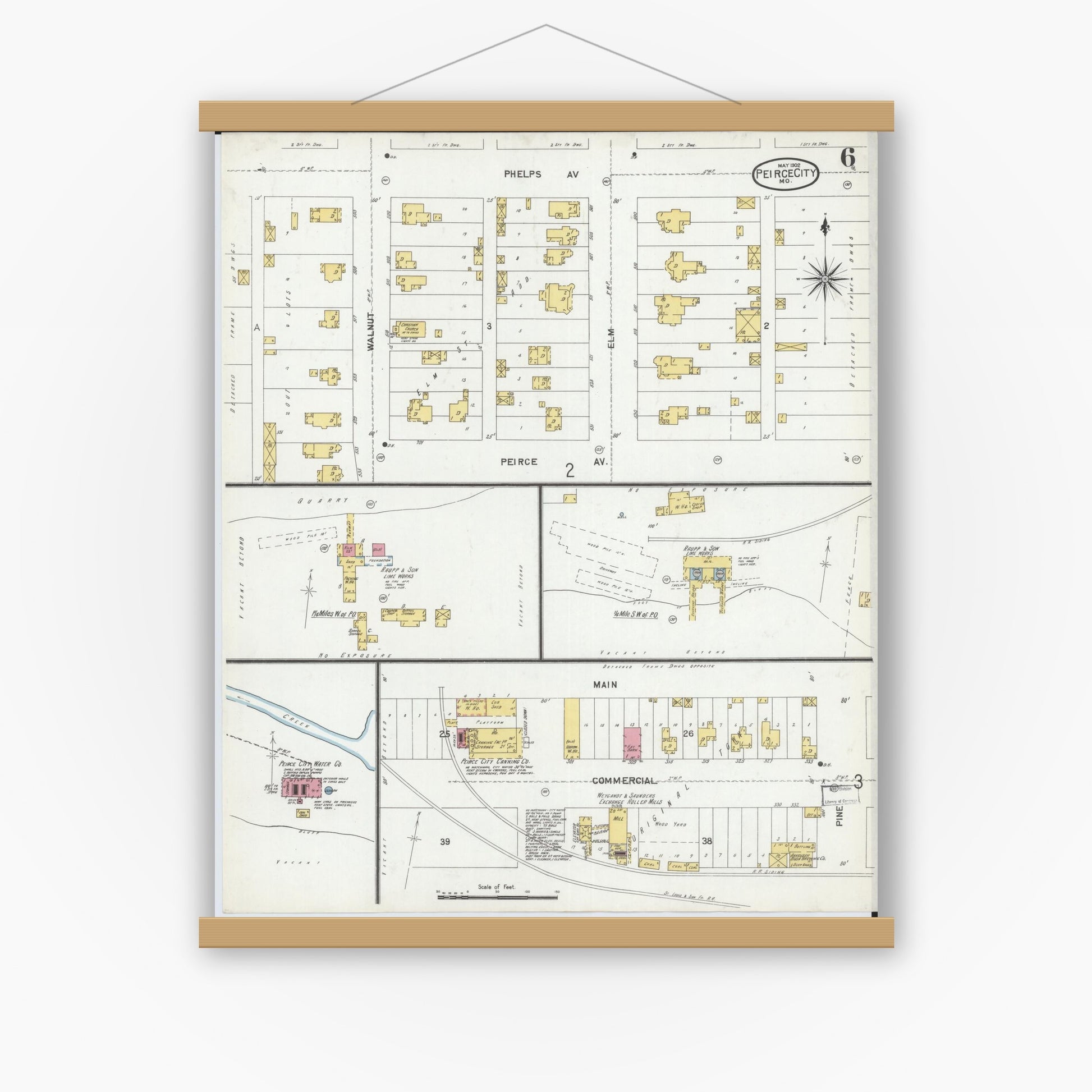 Old map wall art mockup — magnetic wood frame on white wall — Sanborn Fire Insurance Map from Pierce City, Lawrence County, Missouri (1902), Sheet #0006