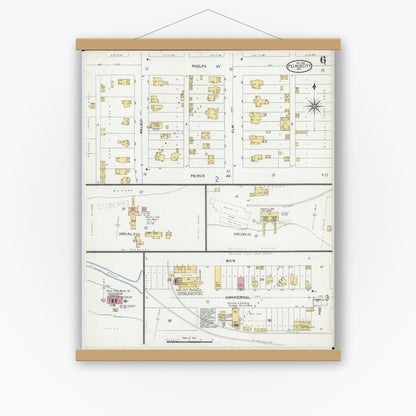 Old map wall art mockup — magnetic wood frame on white wall — Sanborn Fire Insurance Map from Pierce City, Lawrence County, Missouri (1902), Sheet #0006
