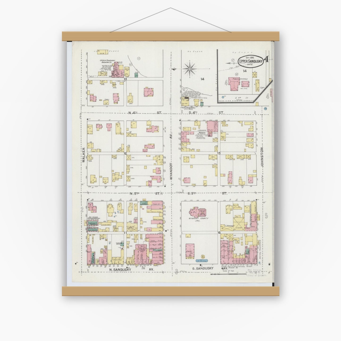 Old map wall art mockup — magnetic wood frame on white wall — Sanborn Fire Insurance Map from Upper Sandusky, Wyandot County, Ohio (1892), Sheet #0004