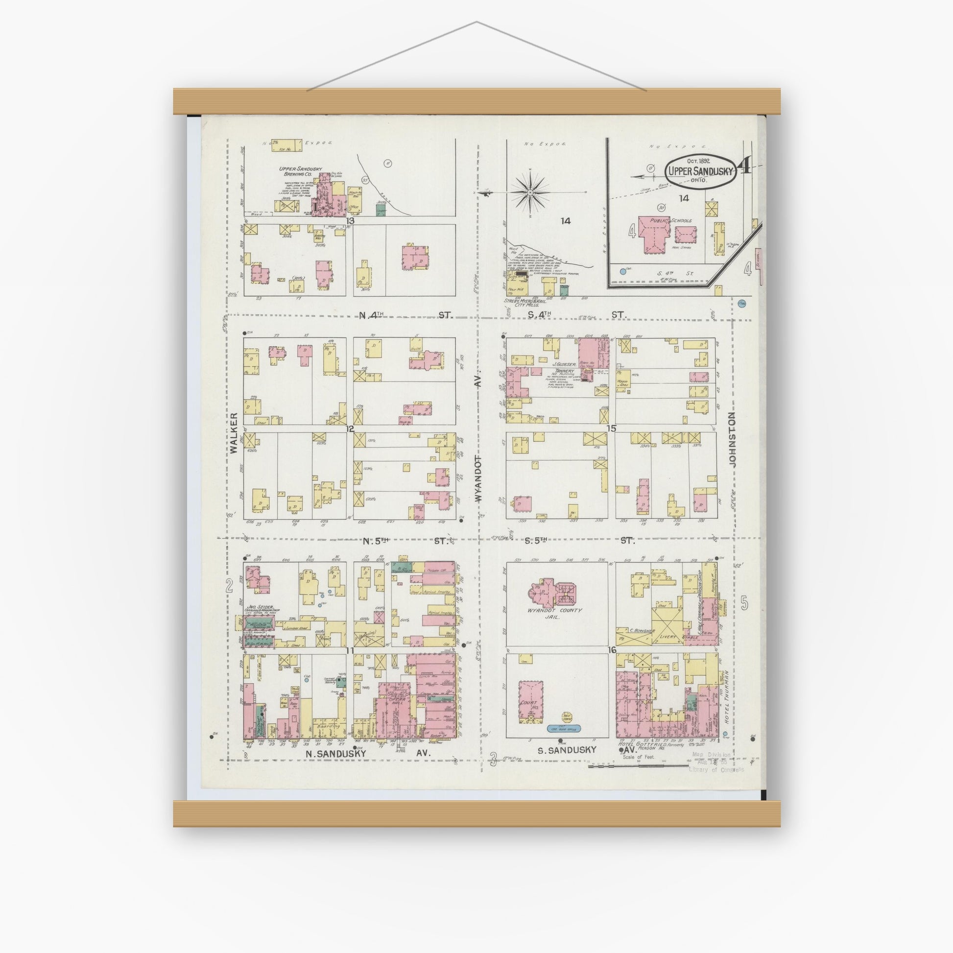 Old map wall art mockup — magnetic wood frame on white wall — Sanborn Fire Insurance Map from Upper Sandusky, Wyandot County, Ohio (1892), Sheet #0004