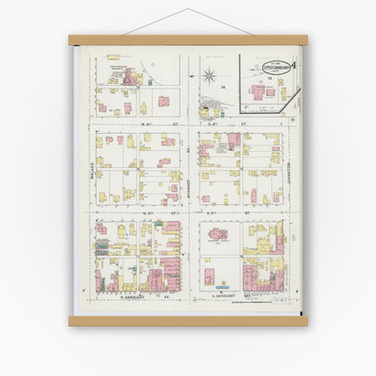 Old map wall art mockup — magnetic wood frame on white wall — Sanborn Fire Insurance Map from Upper Sandusky, Wyandot County, Ohio (1892), Sheet #0004